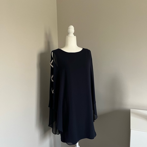 NWT Xscape Navy Blue Sheer Cape Rhinestone Cut-out Cocktail Gown Dress - Picture 9 of 13